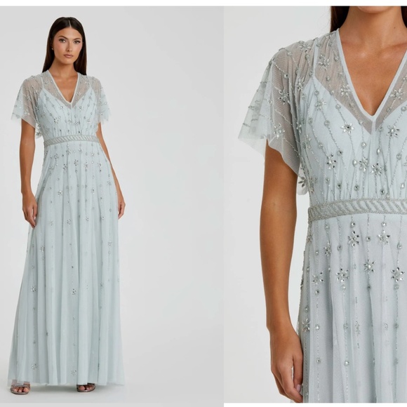MAC DUGGAL 9223 V-NECK EMBELLISHED FLUTTER SLEEVE A-LINE MIST GOWN sz 8 - Picture 1 of 5